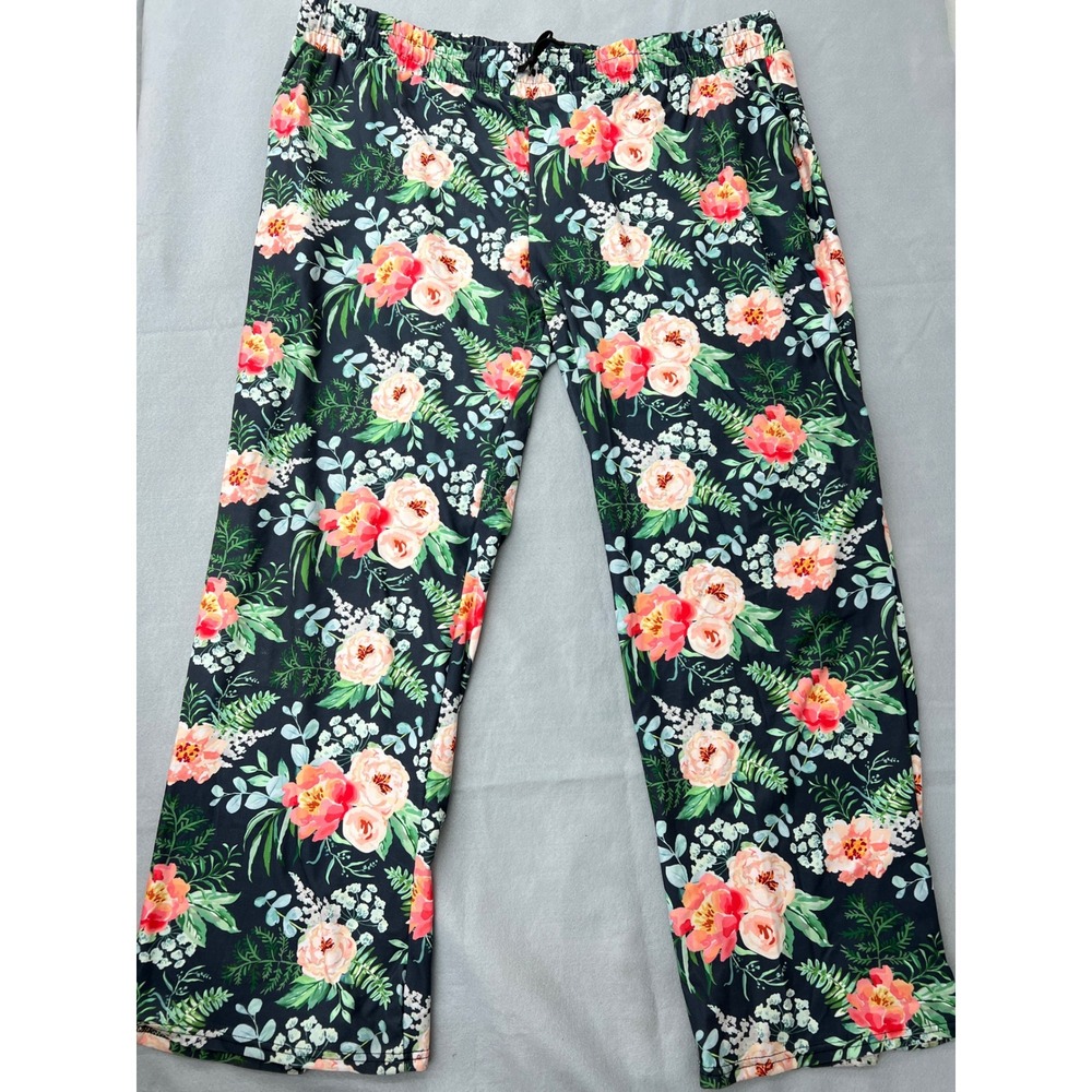 Floral Lounge Pants Womens 2X/3X Black Pink Peony‎ Wide Leg Comfy Stretch